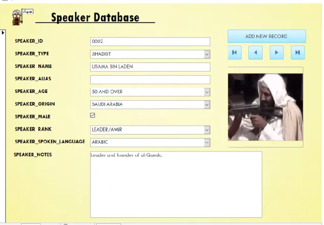 Figure 9. Formulaire de base de données sur les acteurs jihadistes figurant dans les vidéos