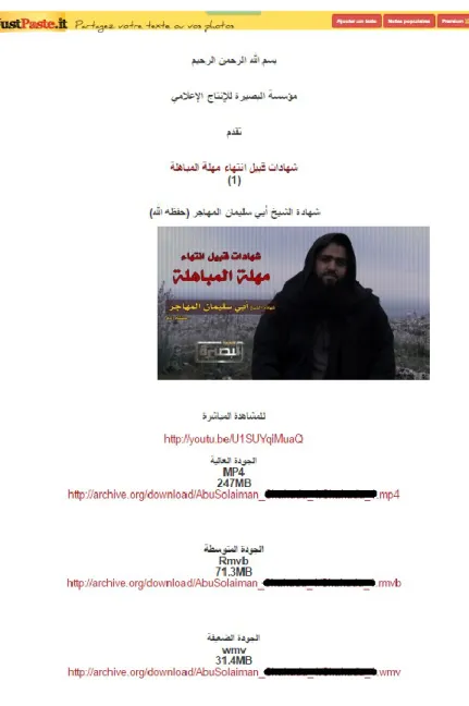 Figure 1. Capture d’écran d’un partage de vidéo jihadiste sur Justpaste.it. 