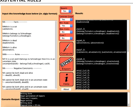 Figure 3.7: Screen capture of the main interface of the DAGGER tool and its argumentation module