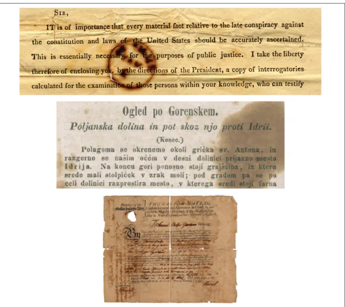 Figure 0.1 Examples of ancient document images with different types of degradation.