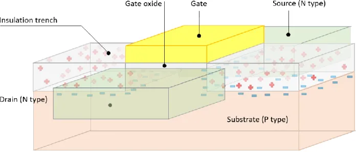 Figure 20: Transparency view of a field-effect transistor surrounded by two thick oxide insulation trenches (grey structures)
