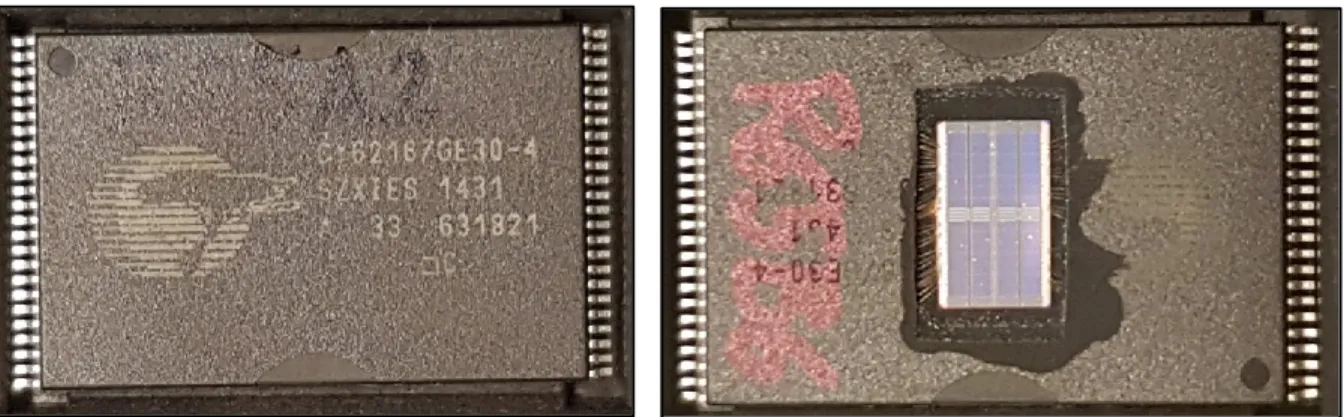 Figure 28: Top views of one closed and one delidded Cypress CY62167GE devices. 