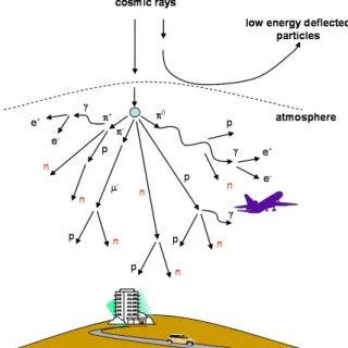 Figure 2.3.6: Atmospheric Neutrons. Where: e + = P ositron ; e − = Electron ; γ = Gamma ray ; π = P ion ; µ = M ion ; n, p = N ucleons .