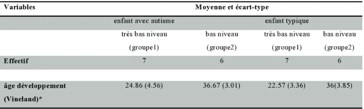 Tableau 2.4 – Description des groupes expérimentaux