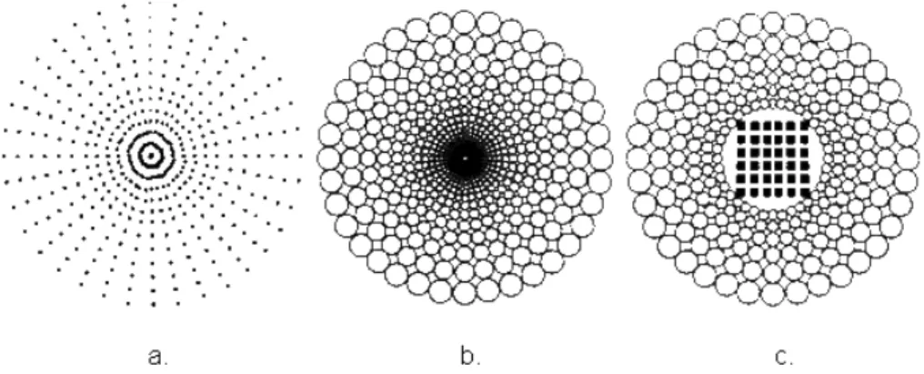 Figure I.29. Tessellations fovéales : a. polaire-linéaire, b. log-polaire, puis   c. log-polaire avec centre cartesien