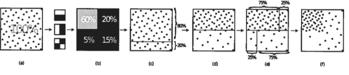FIG. 3.2 — S puce Warping. Adaptation d’une distribution uniforme initiale (a) d’après un niveau de coefficients d’ondelettes