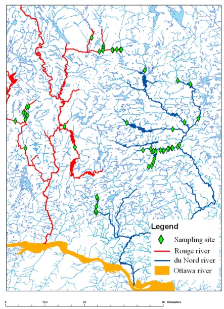 Fig. 1:  Distribution  of  the  50  sampling  sites  in the  watersheds  of  Rivière  Rouge  and  Rivière  du  Nord,  Québec, Canada