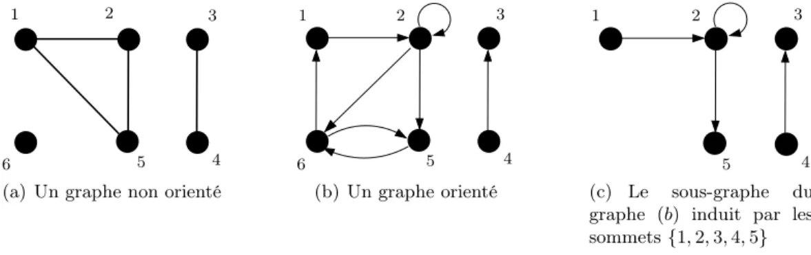 Fig. 2.1 – Illustrations d’un graphe non orienté, orienté, et un sous graphe induit
