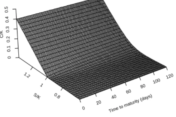 Figure 6: Parametric estimate of call option price surfaces.