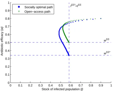Figure 9a: Comparison of the socially optimal and open-access paths