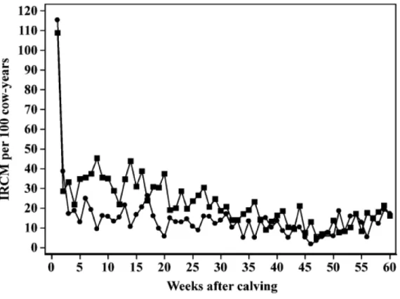 Figure 2.  IRCM in weeks after calving in heifers (●) and adult cows ( ■ ); reproduced  from Olde Riekerink (2008) 