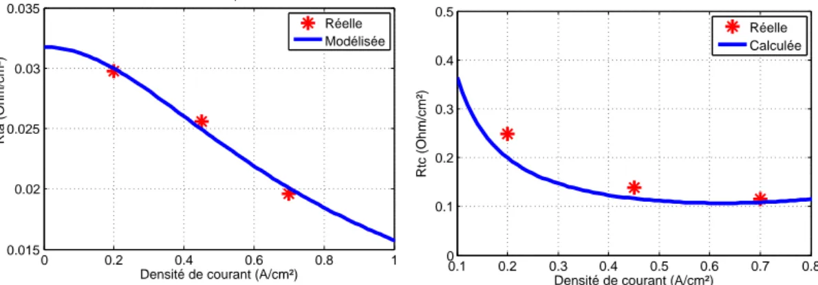 Figure 2.11: Comparaison entre les fonctions définies pour R ta et R tc et les valeurs obte- obte-nues au temps zéro