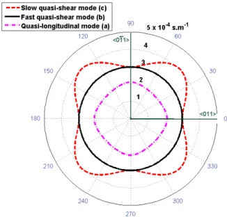 Figure 2.2: Surface des lenteurs dans le plan (100) du GaAs pour les deux modes de  cisaillement quasi-transversaux (lent et rapide) et pour le mode longitudinal 
