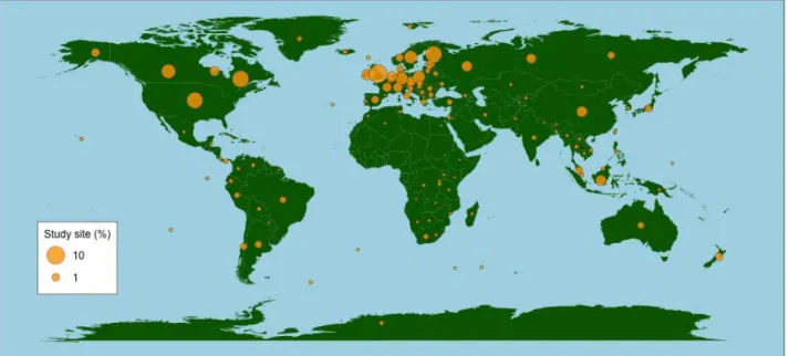 Figure 5. Proportion of study sites, relative to the global total, for 1991–2017. Proportion shown by circle  area