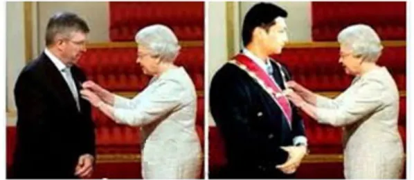 Figure 1.2: Example of a tampered image: (a) The original picture of Ross Brawn receiving the Order of the British Empire from the queen Elizabeth II.