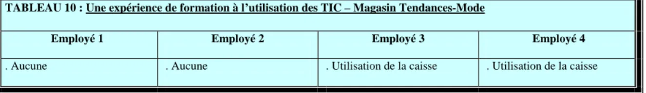 TABLEAU 10 : Une expérience de formation à l’utilisation des TIC – Magasin Tendances-Mode 