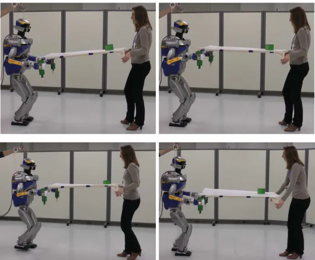 Figure 2.7: Snapshots of an experiment for the stationary object (green cube): top left - before vision control is activated, top right - result after the vision controller is activated, bottom left and right - results while walking with the robot and chan