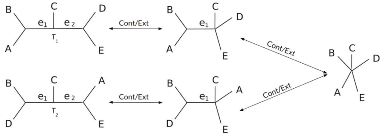 Fig. 3.1. Transforming T 1 into T 2 , or T 2 into T 1 with a minimal number of edit operations, resulting in d RF (T 1 ,T 2 ) = 4.