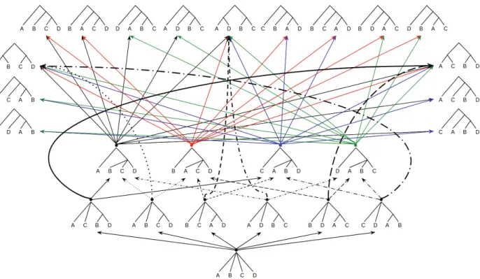 Fig. 3.5. The Hasse diagram of the set F under ≤ HP with n=4. Note that the ≤ HP -minimal element of H ( L ) is the star tree, and that the ≤ HP -maximal elements are the binary trees.