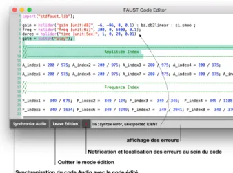 Figure 5. Interface graphique de l’éditeur de code  Faust embarquée au sein de l’objet faust~ de  Ki-wi