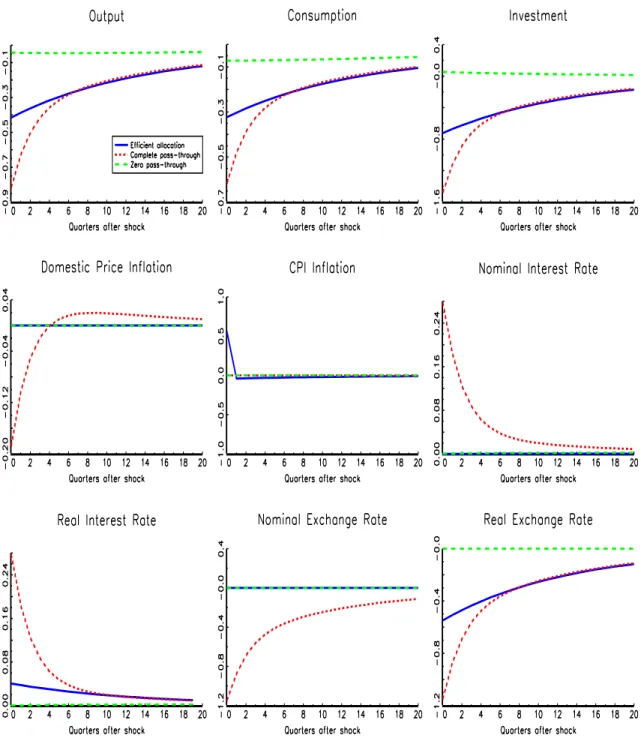 Figure 1: Impulse responses to a 13.7 percent oil-price increase under strict CPI inflation targeting.