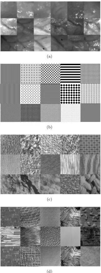 Fig. 2.9 – Images extraites de nos banques d’images-tests. (a) textures de cœur, (b) textures artificielles, (c) textures de Brodatz, (d) textures Viztex.