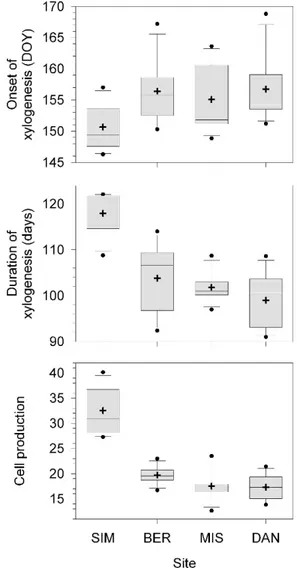 FIGURE 4. Distribution of onset and duration of xylogenesis and cell production (number of cells along the tree ring) in black spruce observed during 2002–2008 in the four permanent plots in Quebec, Canada