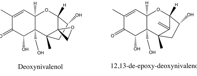 Figure 6.  Structure of DON (C 15 H 20 O 6 ) and DOM-1(C 15 H 20 O 5 ). The functional group  on these molecules is the epoxide group which allows the molecules to form hydrogen 