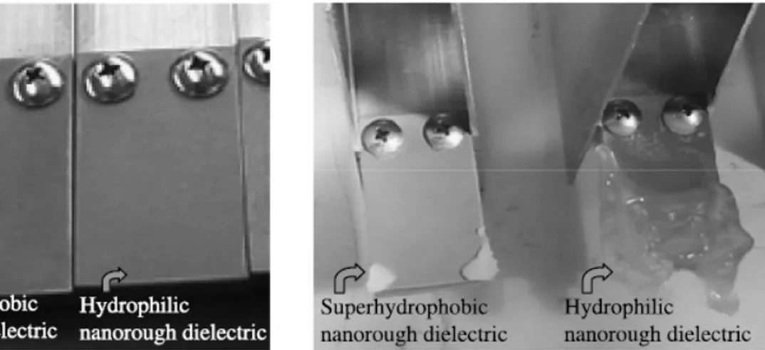 Figure 7. (Left) Sample surfaces (ZCEA in figure) before ice accumulation; (Right)  superhydrophobic and hydrophilic sample surfaces after ice accumulation in the wind  tunnel