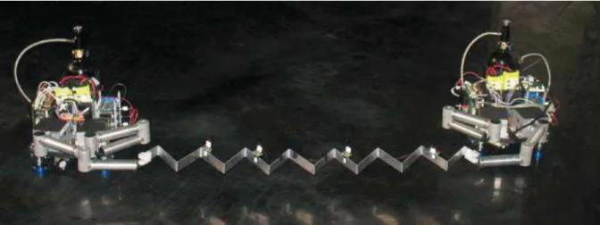 Figure 1.5-6 Two autonomous robots manipulate a zig-zag flexible element on a air bearing table [73] 