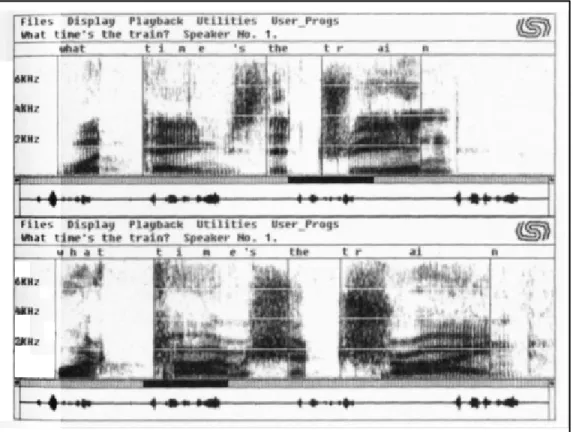 Figure 1. Deux spectrogrammes différents pour le même énoncé produit par le  même locuteur avec différents accents régionaux