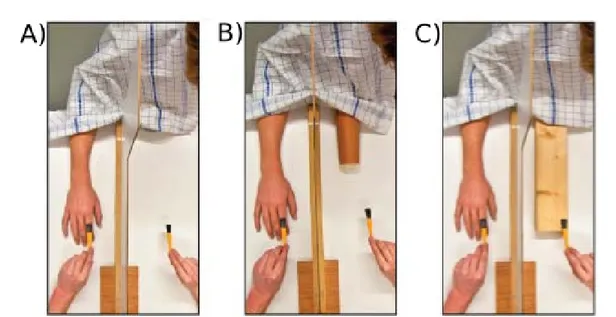 Figure 1.6: Experimental set-up of the invisible hand experiment. A) Empty space. B) Rubber stump.