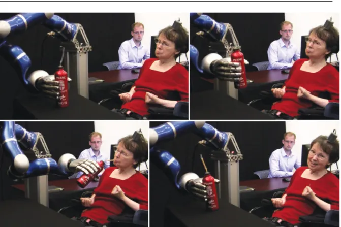 Figure 1.20: A robotic arm is thought controlled by a subject to grasp a bottle, serve herself a sip, and put back the bottle on the table (courtesy from [59])