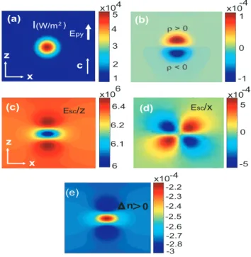 Figure 2.4 – Eﬀet photoréfractif calculé dans le cas d’un éclairement gaussien (a), distribution de densités des charges (b) et composantes transverses du champ de charge d’espace E sc (c, d) et modulation d’indice de réfraction (e).
