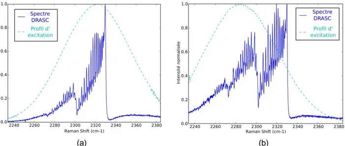 Figure 2. Spectres DRASC expérimentaux (bleu) moyennés sur 5000 tirs dans une flamme de  prémélange CH 4 /air