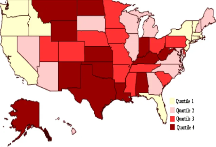 Figure 3 : États américains classés par  quartiles en fonction de leurs émissions de  CO 2  par personne 19