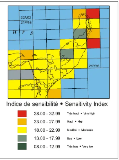 Figure 2 Sensibilité des côtes de la péninsule acadienne aux vagues de tempête. 