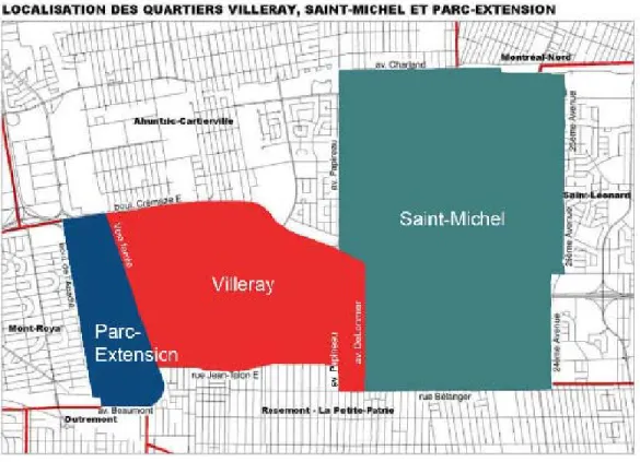 Figure 1 : Localisation des quartiers Villeray, Saint-Michel et Parc-Extension 