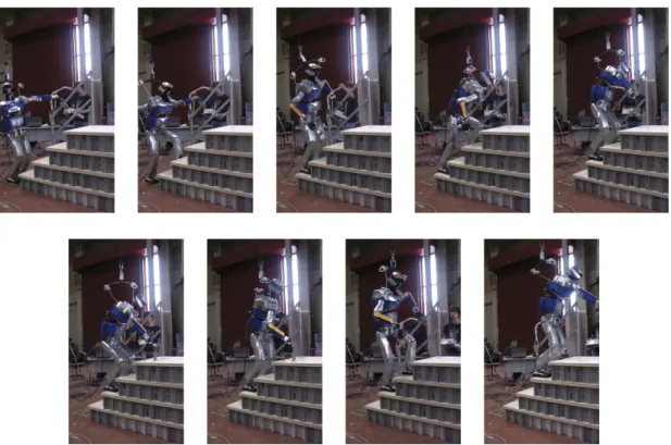 Figure 3.12 Still frames of HRP2 successfully climbing the stairs using the handrail.