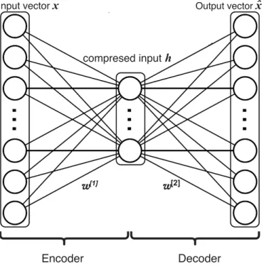 Figure 2.8: An auto-encoder composed of an input layer, a hidden layer and an output layer