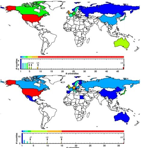 Figure 3.3 : Distribution géographique des 100 meilleures universités du classement ARWU17 (en haut) et du classement WRWU17 (en bas)