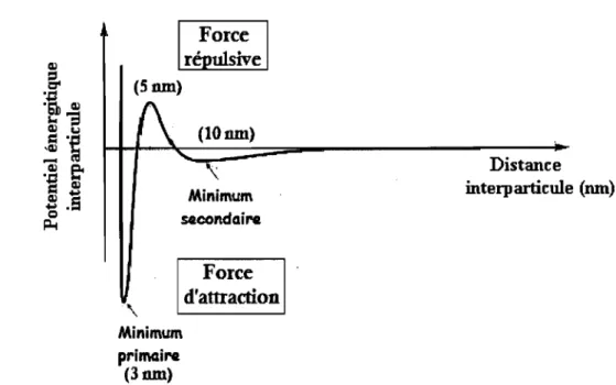 Figure  2 :  Représentation  schématique  du  potentiel  énergétique  entre  une  particule  et  une surface (Schowalter et Eldsath, 2001) 
