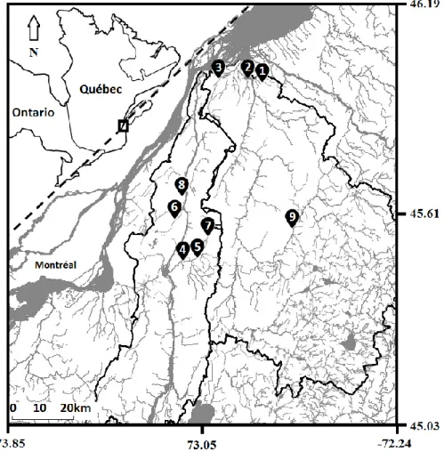 Figure 2. Map of the study area showing the location of the nine stream segments sampled