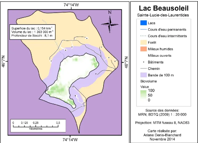 Figure 2. Distribution des macrophytes submergés au Lac Beausoleil le 30 août 2012. Les  indices de biovolume sont obtenus en multipliant le % de couverture par la hauteur (m)  des plantes.