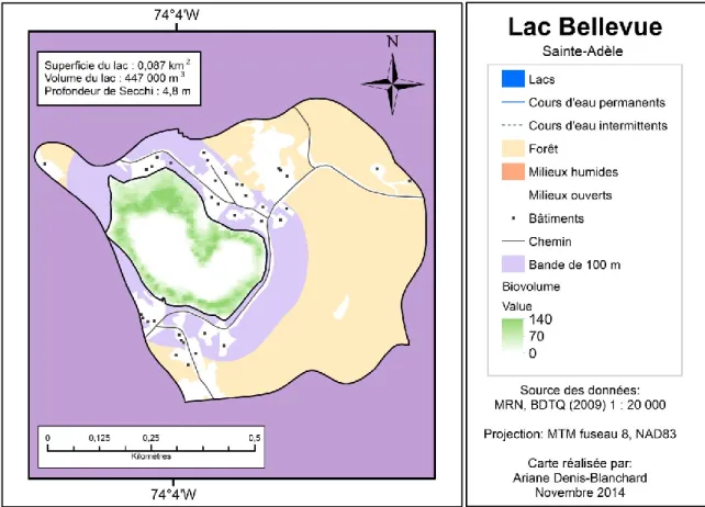 Figure 3. Distribution des macrophytes submergés au Lac Bellevue le 23 août 2011. Les  indices de biovolume sont obtenus en multipliant le % de couverture par la hauteur (m)  des plantes.