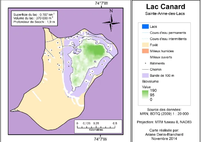 Figure 7. Distribution des macrophytes submergés au Lac Canard le 11 août 2011. Les  indices de biovolume sont obtenus en multipliant le % de couverture par la hauteur (m)  des plantes.
