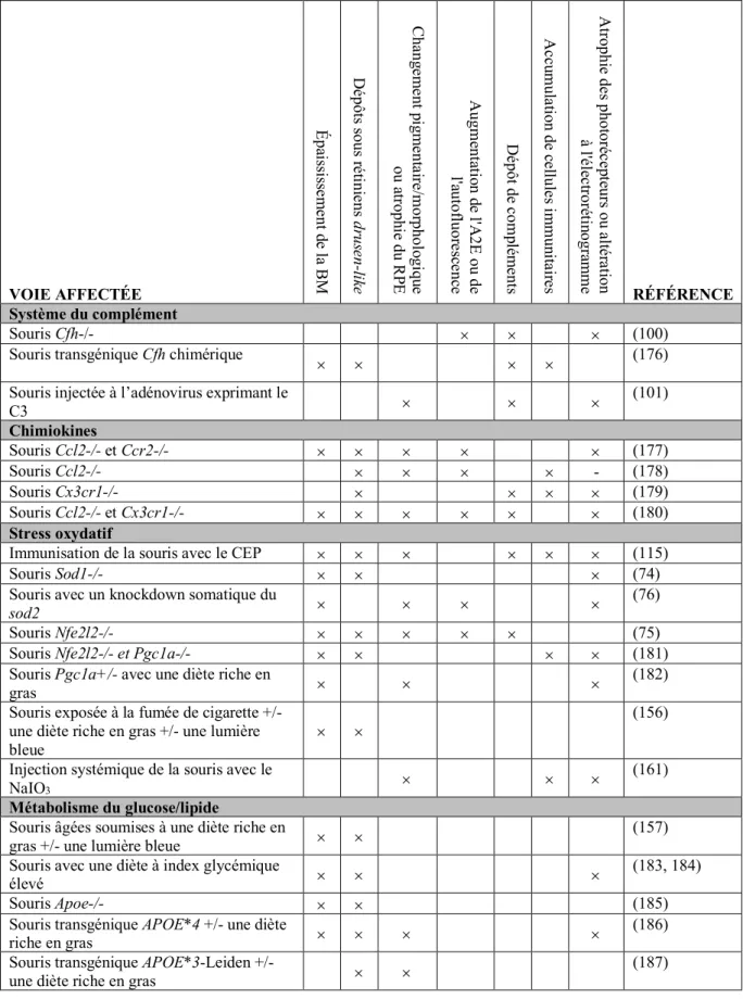 Tableau 2. Modèles murins de la DMLA de forme sèche 