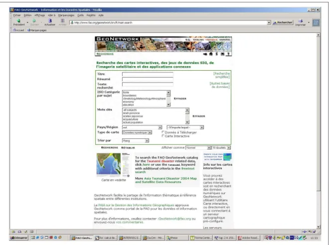 Fig. 4.7 – Interface graphique utilisateur de recherche de métadonnées avec Geonetwork