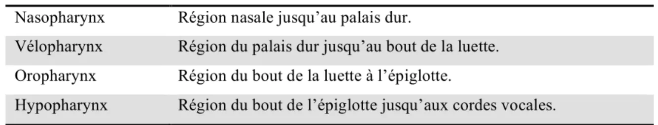 Tableau II : Terminologie des voies aériennes supérieures  Nasopharynx  Région nasale jusqu’au palais dur