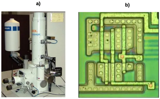 Fig. 4.a) Microscope électronique à balayage JEOL JSM-6340F, b) Une porte AND  photographiée par un microscope 